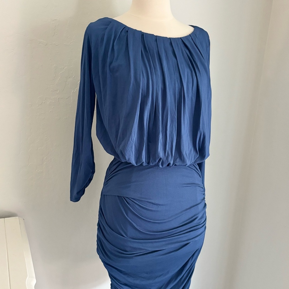 Max Studio Blue Jersey Pleated Shirred Blouson Dress, Medium NWT - Picture 2 of 9